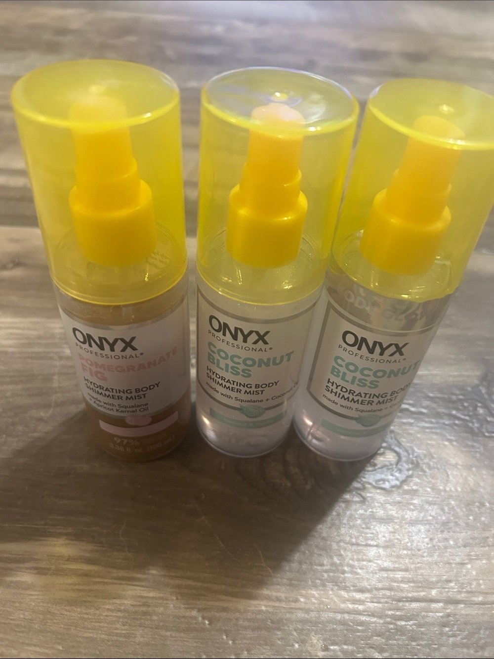 Lot of 3 Hydrating Body Shimmer Mist by onyx 2Coconut & 1 Pomegranate 3.38 oz